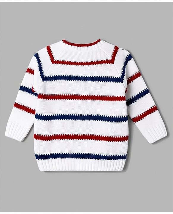 Babyhug Full Raglan Sleeves Striped & Tiger Embroidered Sweater Set - White & Navy Blue