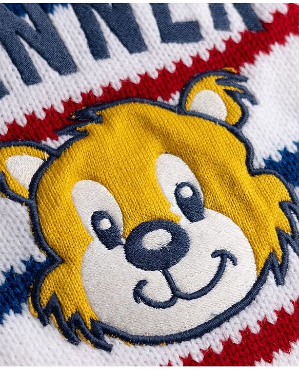 Babyhug Full Raglan Sleeves Striped & Tiger Embroidered Sweater Set - White & Navy Blue