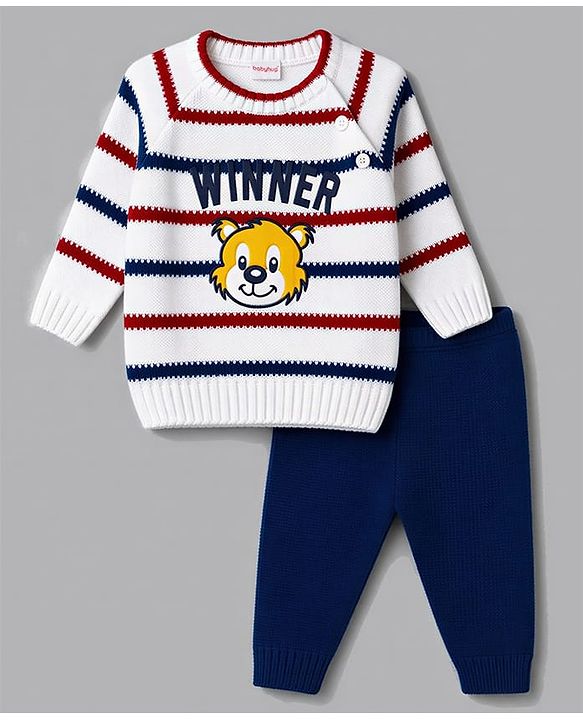 Babyhug Full Raglan Sleeves Striped & Tiger Embroidered Sweater Set - White & Navy Blue