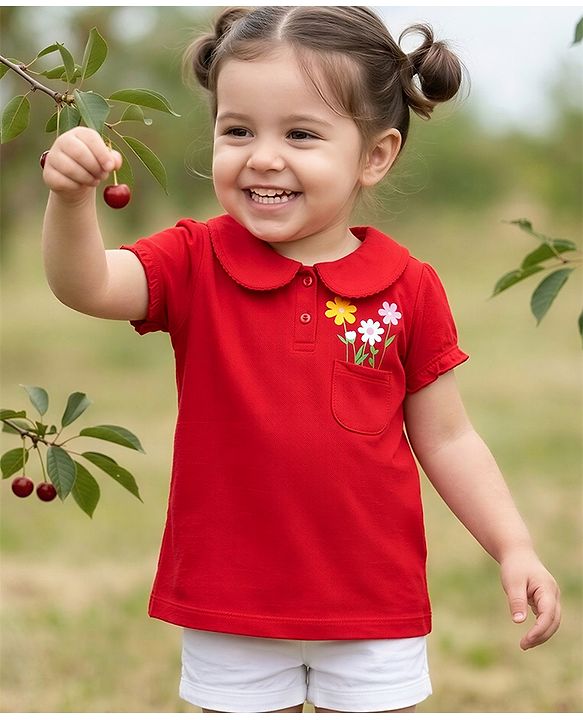 Babyhug 100% Cotton Knit Half Sleeves Floral Printed Polo T-Shirt - Red