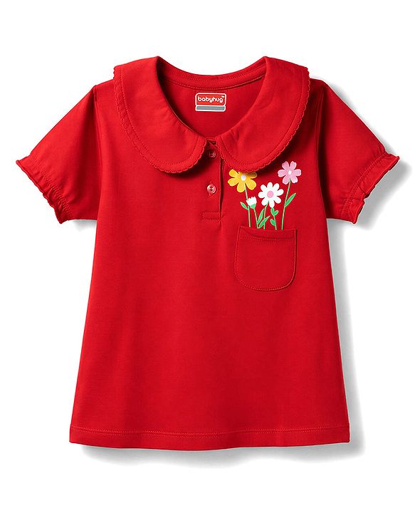 Babyhug 100% Cotton Knit Half Sleeves Floral Printed Polo T-Shirt - Red