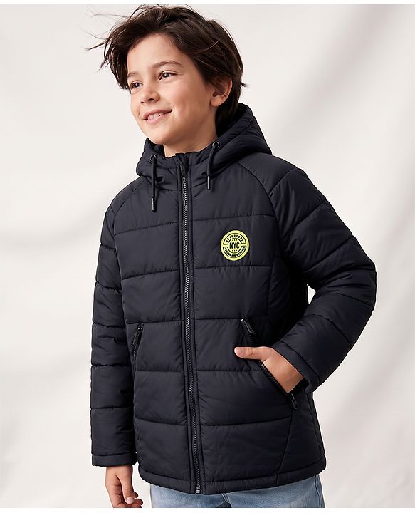 Pine Kids Woven Padded/Quilted/ Winter Jacket with Full Sleeves, Badge Patch and NYC Print in Navy Blue for 4-5 Years