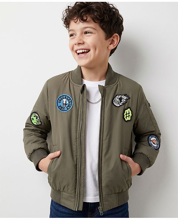 Pine Kids Woven Full Sleeves Padded Jacket with Underground Vibe Patch - Olive Green