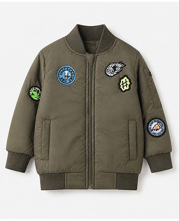 Pine Kids Woven Full Sleeves Padded Jacket with Underground Vibe Patch - Olive Green