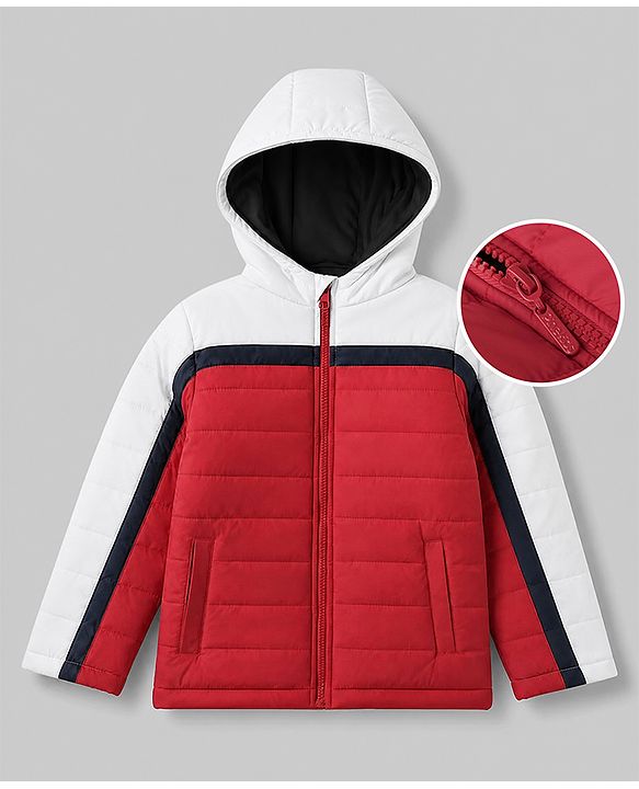 Pine Kids Woven Hoodie Jacket with Full Sleeves in Red