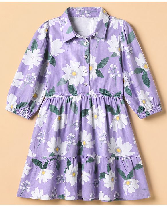 Pine Kids 100% Cotton Knit Full Sleeves One Piece Dress With Floral Print - Purple
