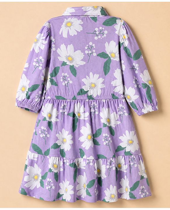 Pine Kids 100% Cotton Knit Full Sleeves One Piece Dress With Floral Print - Purple