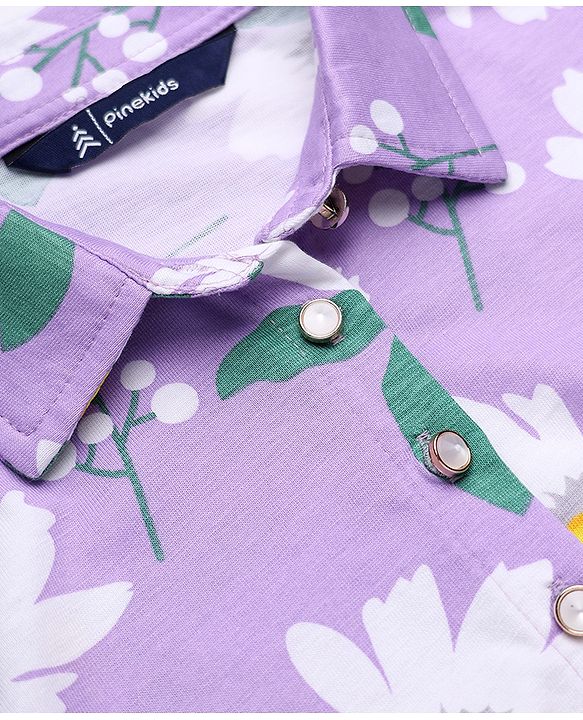 Pine Kids 100% Cotton Knit Full Sleeves One Piece Dress With Floral Print - Purple