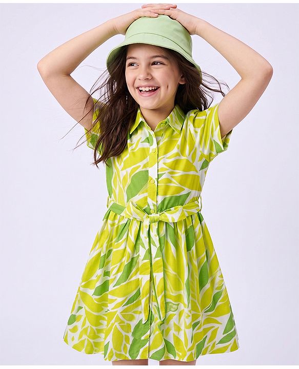 Pine Kids Cotton Knit Frock with Half Sleeves and Leaves Print - Yellow
