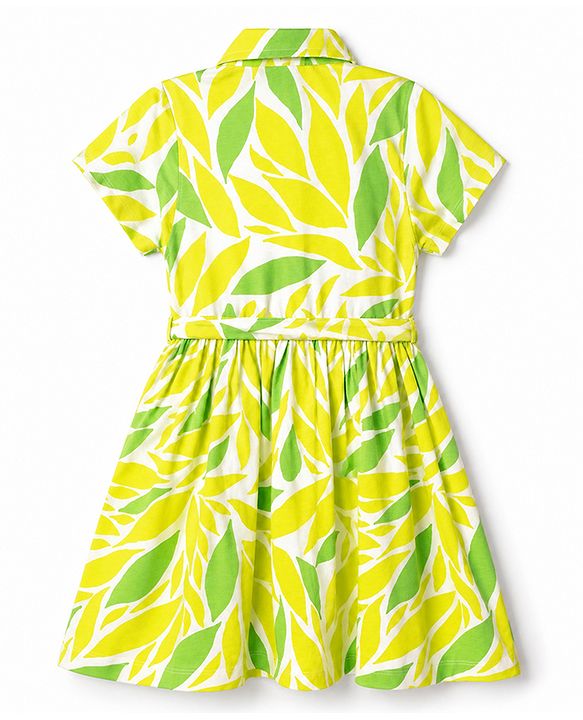 Pine Kids Cotton Knit Frock with Half Sleeves and Leaves Print - Yellow