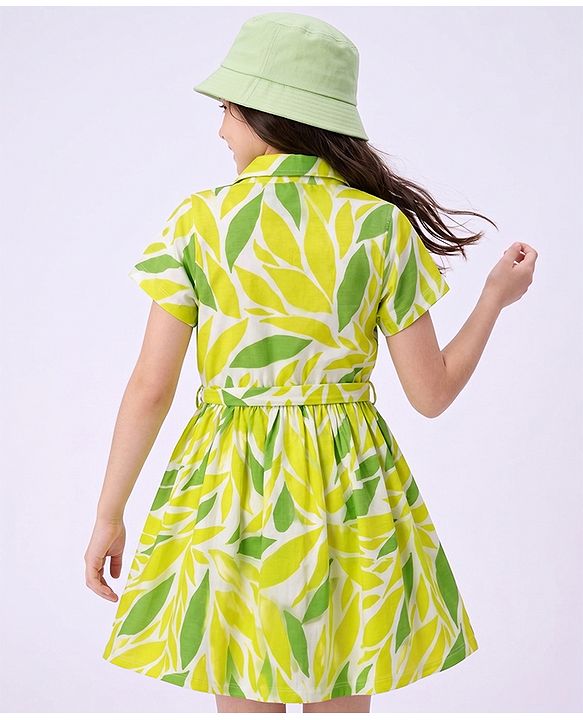 Pine Kids Cotton Knit Frock with Half Sleeves and Leaves Print - Yellow