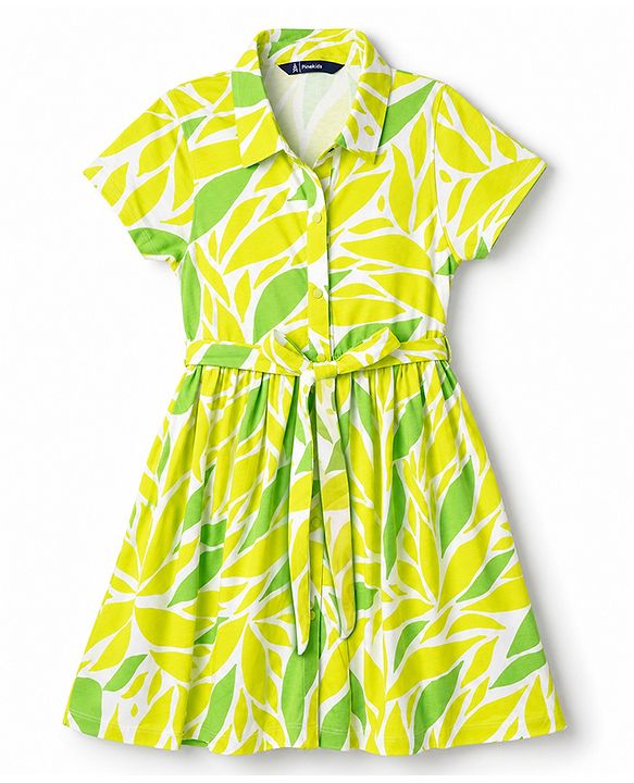 Pine Kids Cotton Knit Frock with Half Sleeves and Leaves Print - Yellow