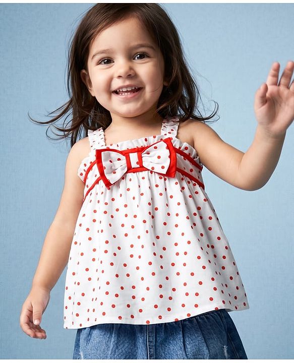 Babyhug Cotton Woven Sleeveless Polka Dots Printed Top With Bow Applique Multi Color 6-9 Months