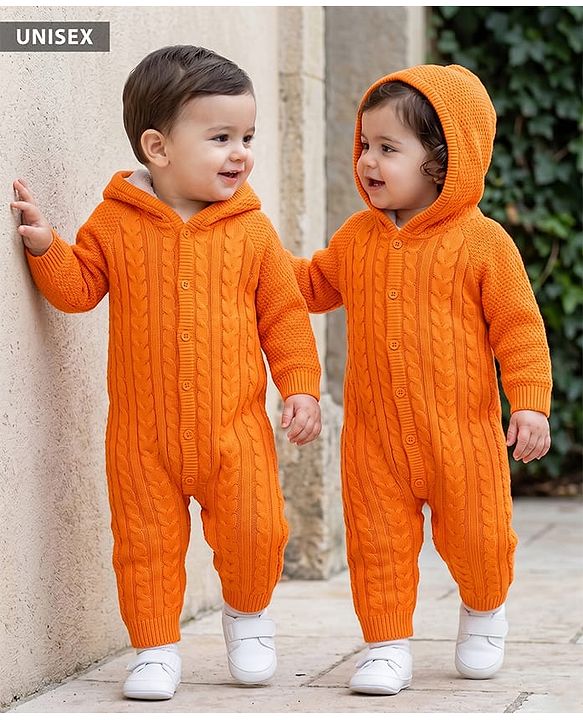 Babyhug Knitted Raglan Sleeves Hooded Winter Wear Romper - Orange