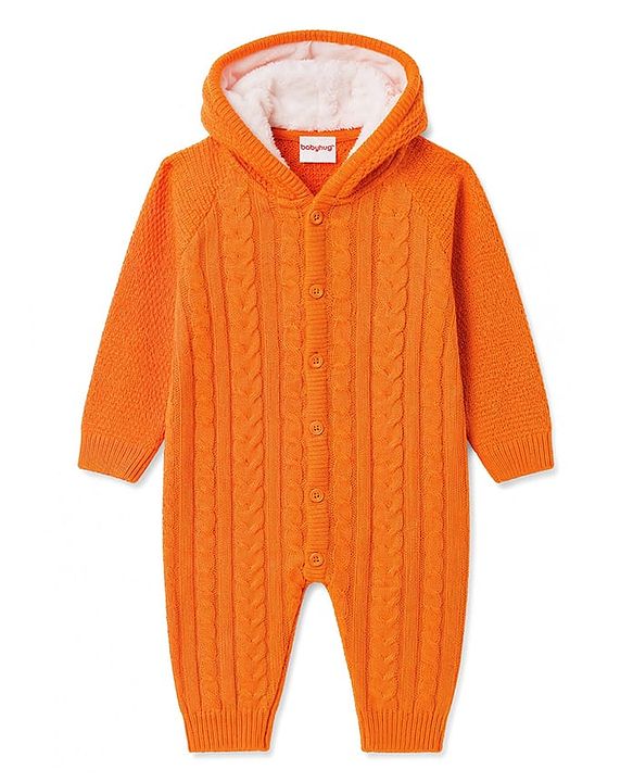 Babyhug Knitted Raglan Sleeves Hooded Winter Wear Romper - Orange