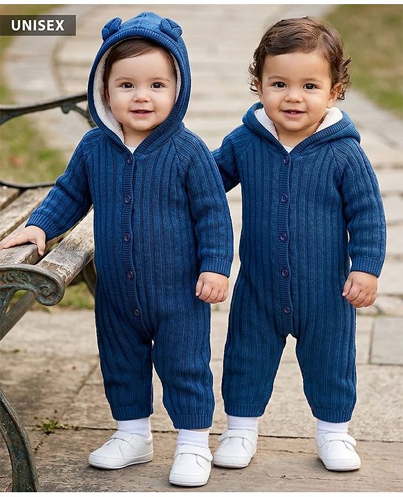 Babyhug Knitted Raglan Sleeves Hooded Winter Wear Romper - Navy Blue