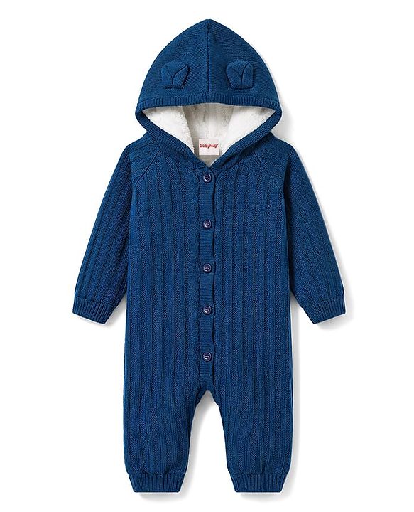 Babyhug Knitted Raglan Sleeves Hooded Winter Wear Romper - Navy Blue
