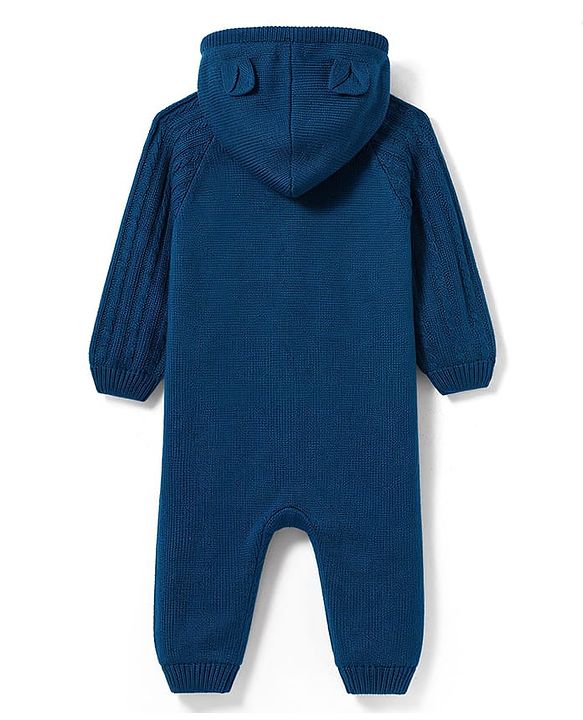 Babyhug Knitted Raglan Sleeves Hooded Winter Wear Romper - Navy Blue