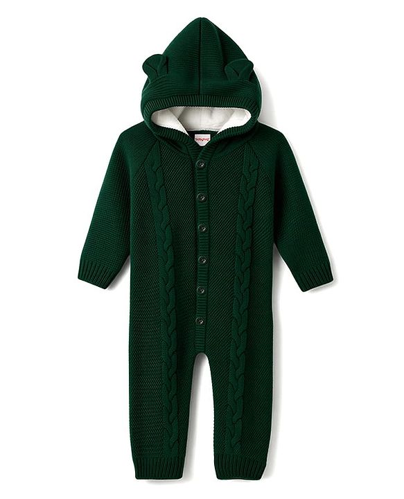 Babyhug Knit Full Sleeves Hooded Winter Wear Romper With Cable Knit Design & Bear Ear Applique - Dark Green