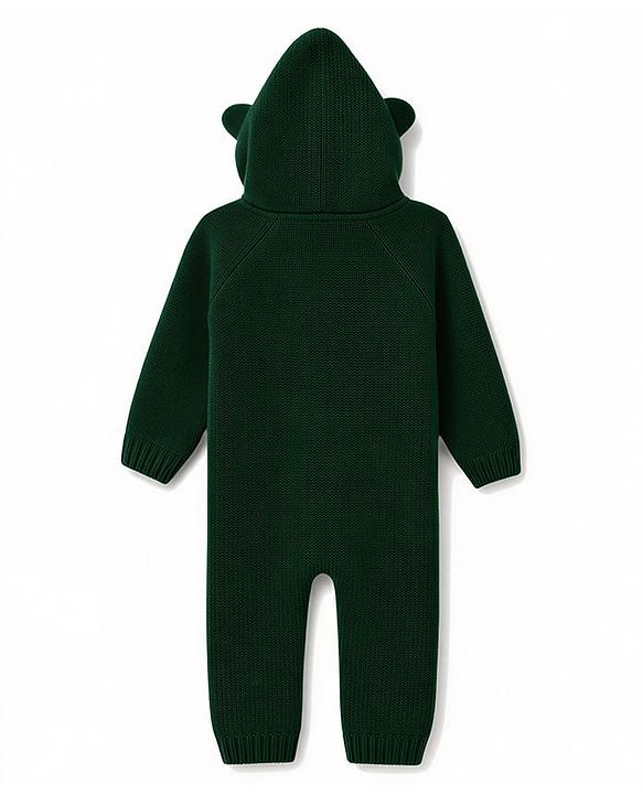 Babyhug Knit Full Sleeves Hooded Winter Wear Romper With Cable Knit Design & Bear Ear Applique - Dark Green