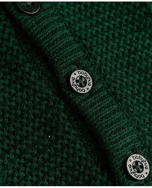 Babyhug Knit Full Sleeves Hooded Winter Wear Romper With Cable Knit Design & Bear Ear Applique - Dark Green