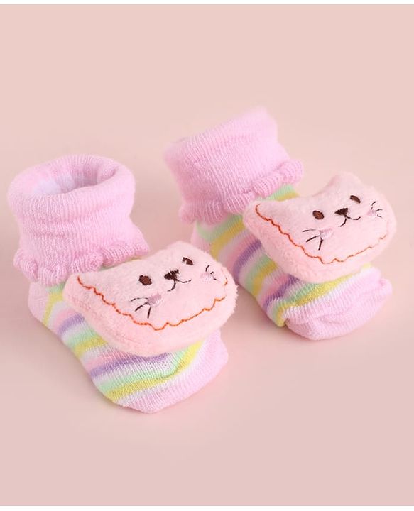 Cute Walk by Babyhug Fabric Striped Socks Shoes With Large  Teddy Bear Applique - Pink