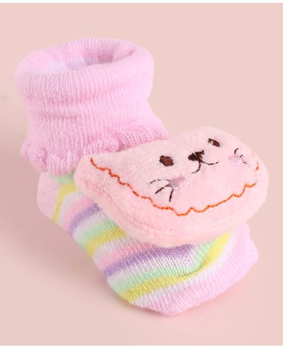 Cute Walk by Babyhug Fabric Striped Socks Shoes With Large  Teddy Bear Applique - Pink