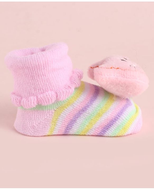 Cute Walk by Babyhug Fabric Striped Socks Shoes With Large  Teddy Bear Applique - Pink