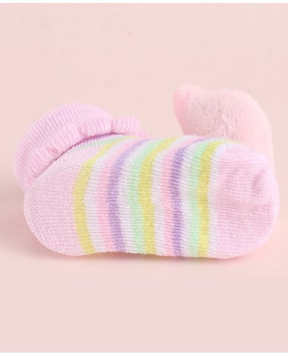Cute Walk by Babyhug Fabric Striped Socks Shoes With Large  Teddy Bear Applique - Pink