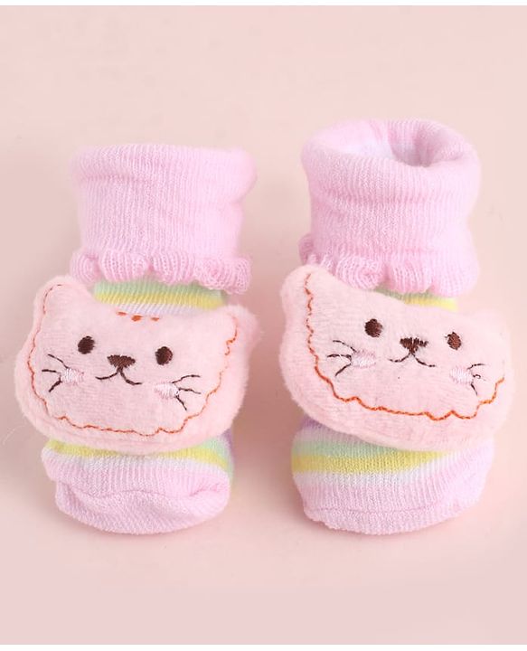Cute Walk by Babyhug Fabric Striped Socks Shoes With Large  Teddy Bear Applique - Pink