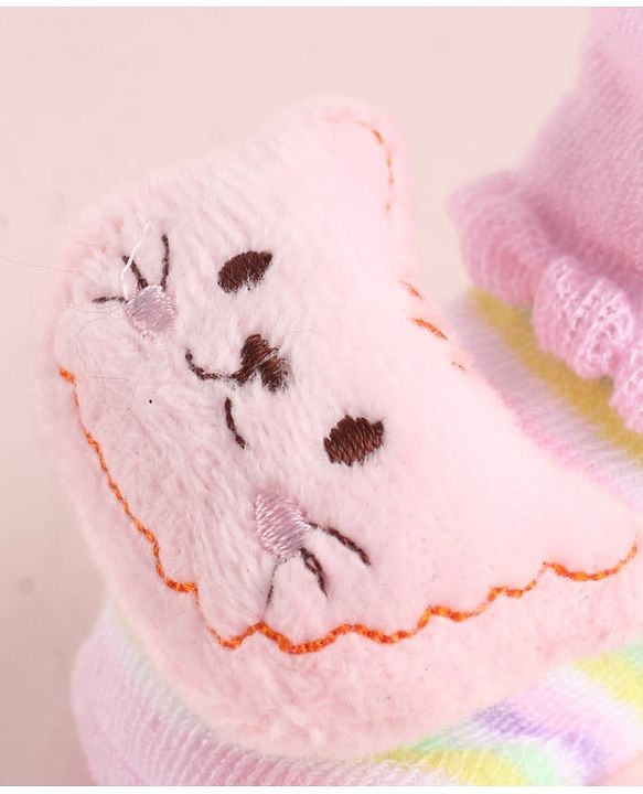 Cute Walk by Babyhug Fabric Striped Socks Shoes With Large  Teddy Bear Applique - Pink