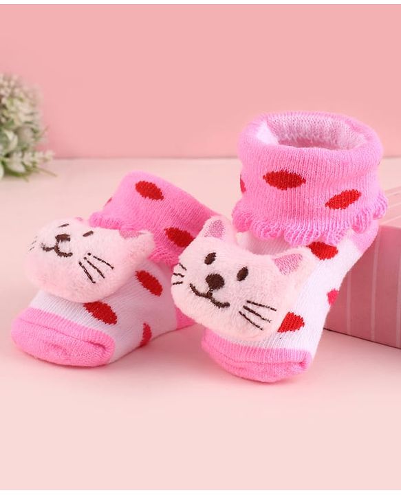 Cute Walk by Babyhug Fabric Polka Dot Socks Shoes With Large Cat Applique - Pink