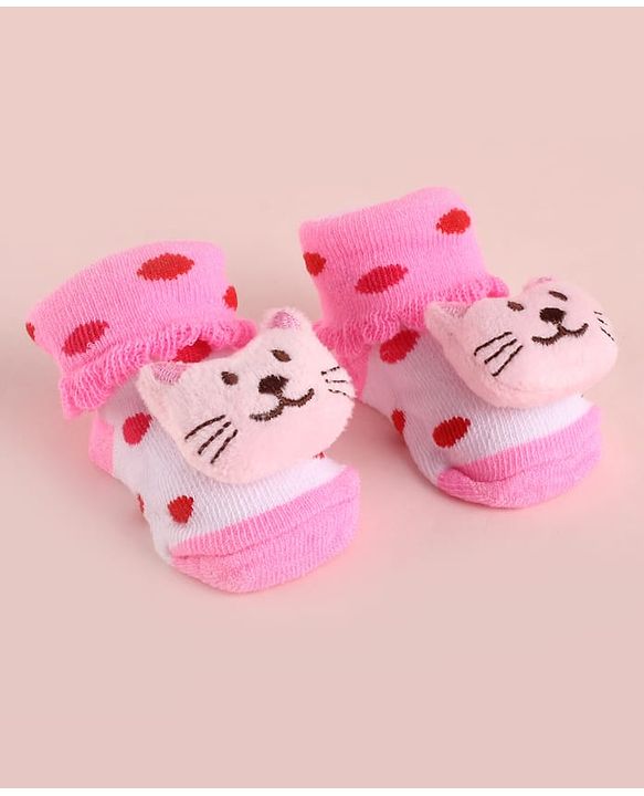 Cute Walk by Babyhug Fabric Polka Dot Socks Shoes With Large Cat Applique - Pink