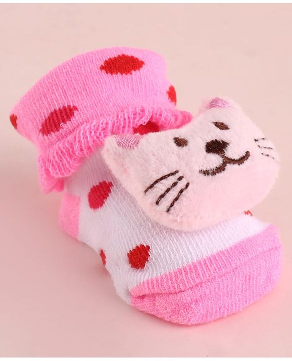Cute Walk by Babyhug Fabric Polka Dot Socks Shoes With Large Cat Applique - Pink