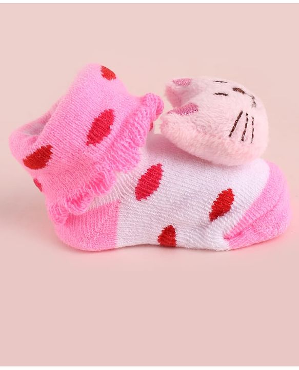 Cute Walk by Babyhug Fabric Polka Dot Socks Shoes With Large Cat Applique - Pink