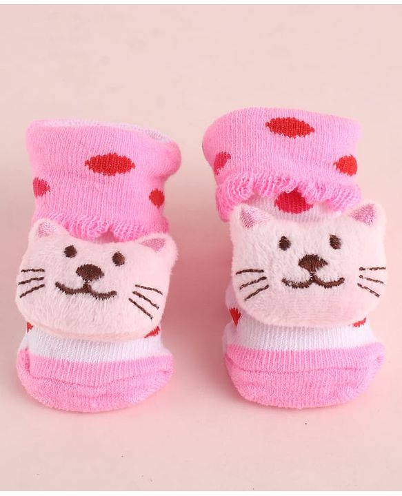 Cute Walk by Babyhug Fabric Polka Dot Socks Shoes With Large Cat Applique - Pink