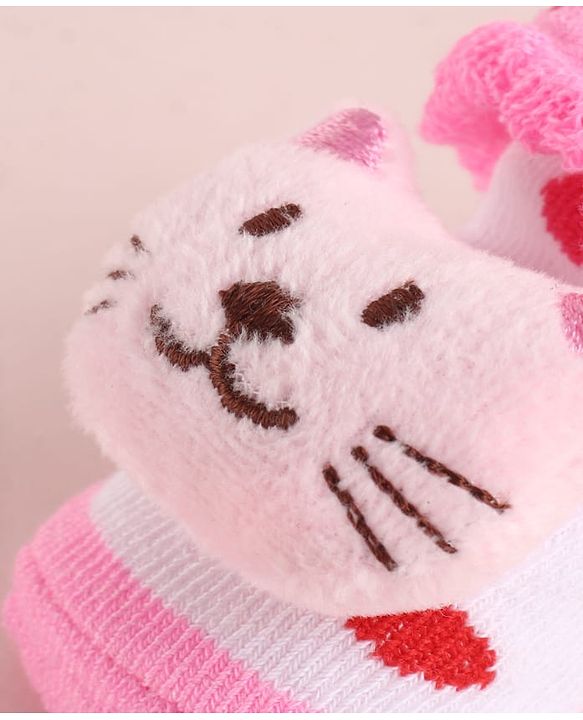 Cute Walk by Babyhug Fabric Polka Dot Socks Shoes With Large Cat Applique - Pink