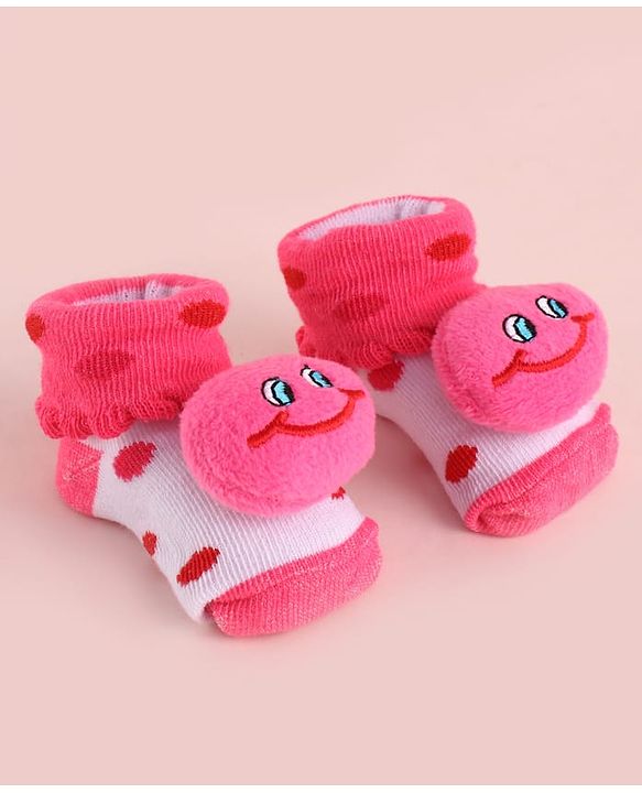 Cute Walk by Babyhug Fabric  Socks Shoes With Large  Smiley Applique - Pink