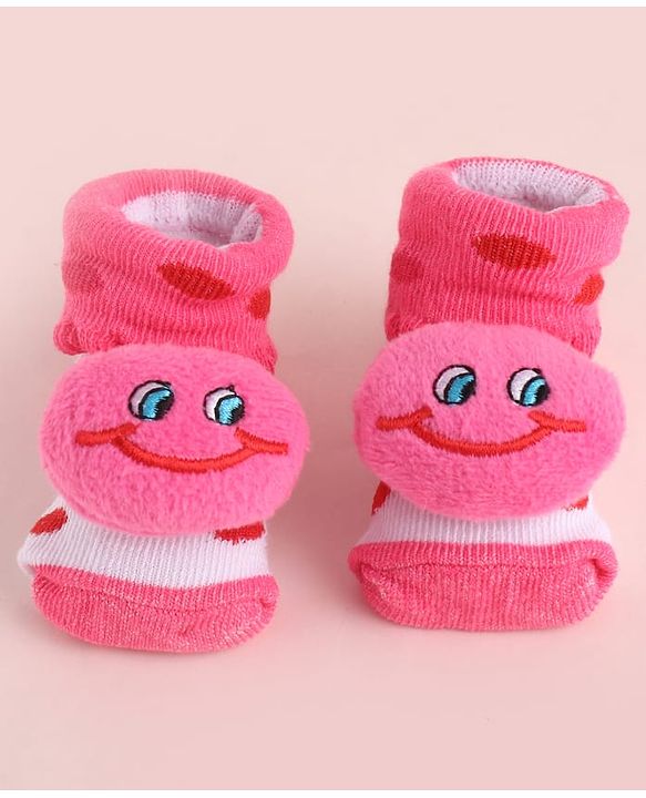 Cute Walk by Babyhug Fabric  Socks Shoes With Large  Smiley Applique - Pink