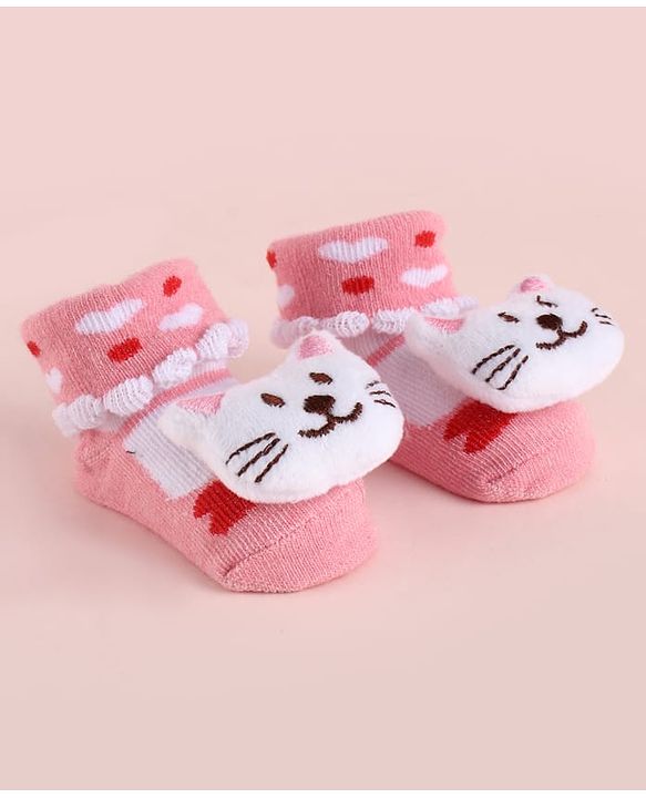Cute Walk by Babyhug Fabric Heart Socks Shoes With Large Cat Applique - Pink