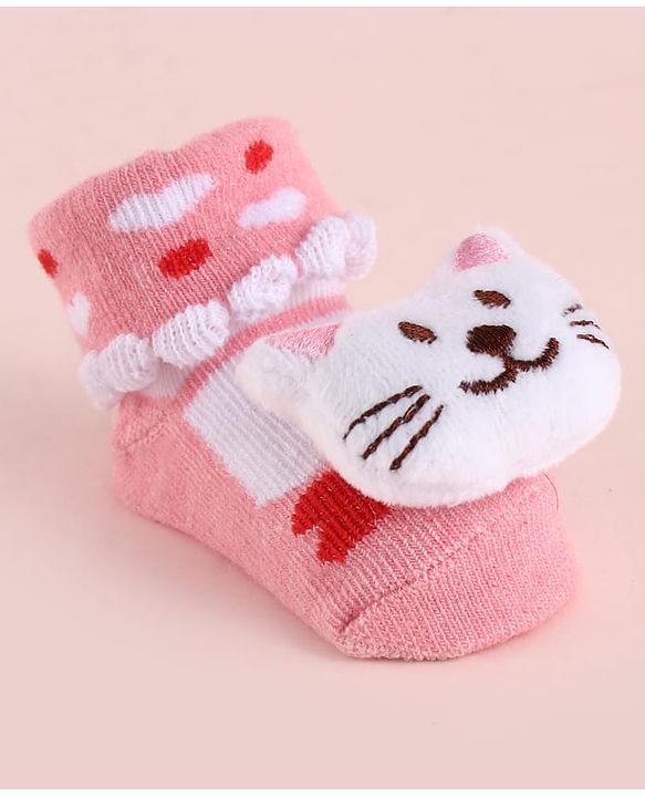 Cute Walk by Babyhug Fabric Heart Socks Shoes With Large Cat Applique - Pink