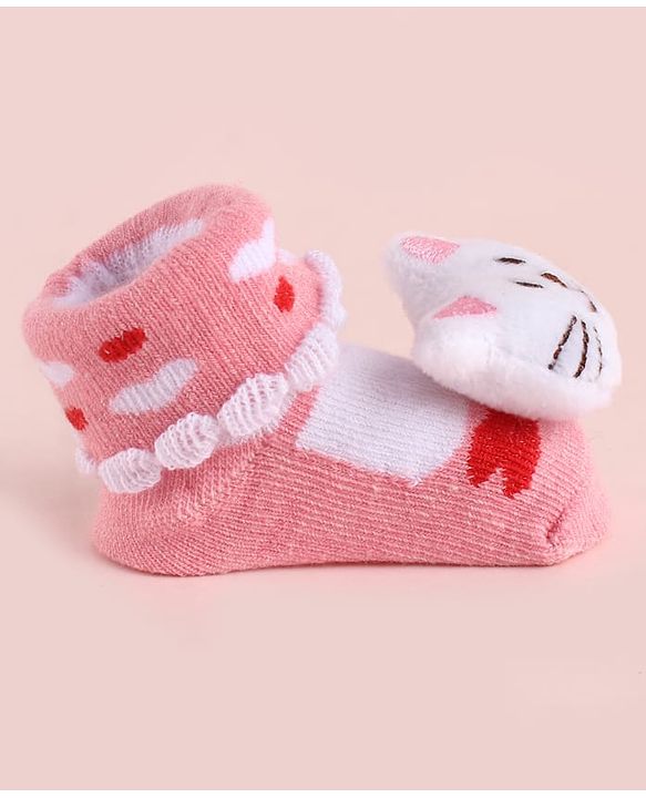 Cute Walk by Babyhug Fabric Heart Socks Shoes With Large Cat Applique - Pink