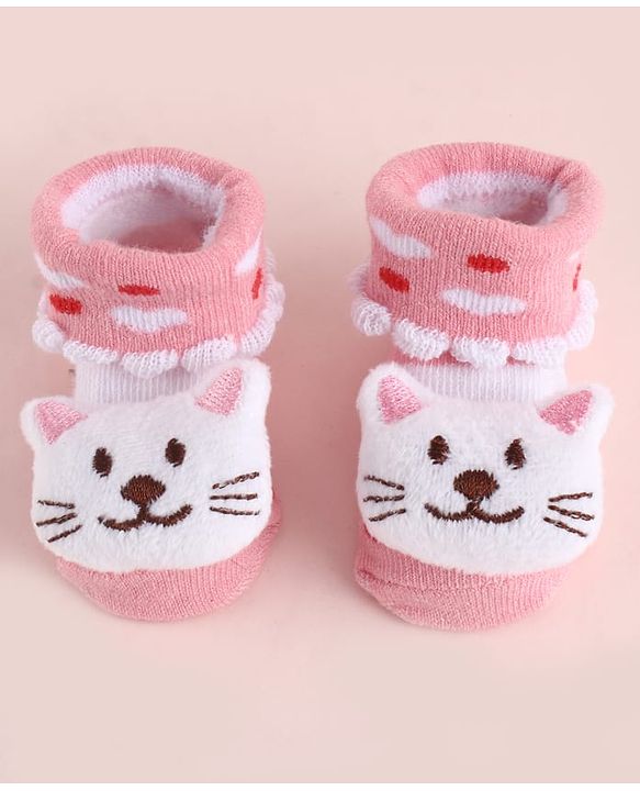 Cute Walk by Babyhug Fabric Heart Socks Shoes With Large Cat Applique - Pink