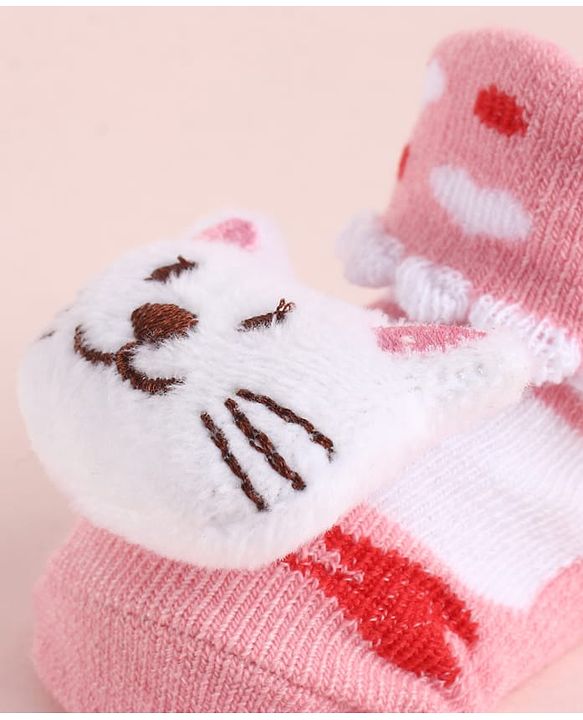 Cute Walk by Babyhug Fabric Heart Socks Shoes With Large Cat Applique - Pink
