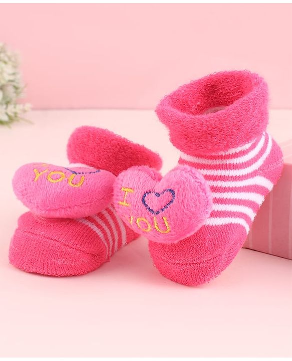 Cute Walk by Babyhug Fabric  Socks Shoes With  Large Heart Applique - Pink