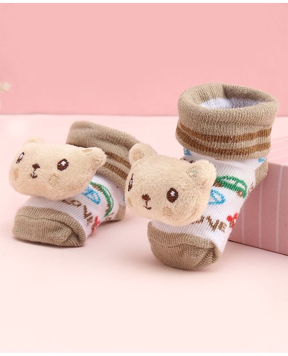 Cute Walk by Babyhug Socks With Large Bear Applique - Tan