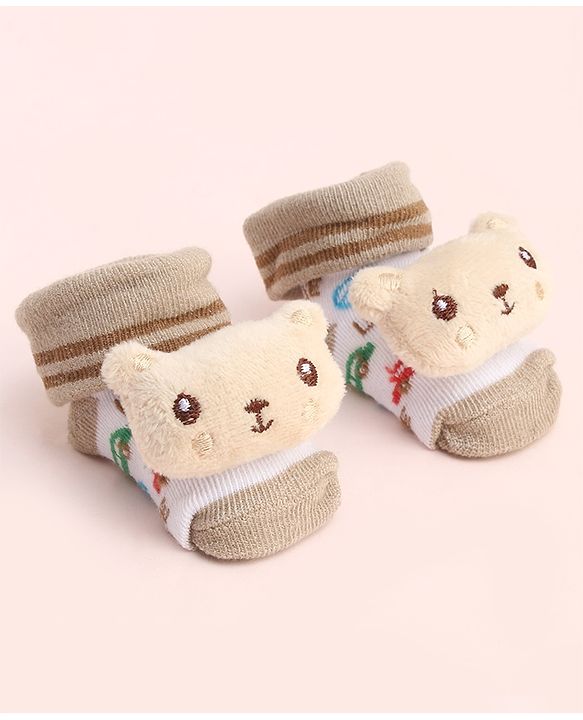 Cute Walk by Babyhug Socks With Large Bear Applique - Tan