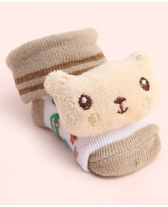 Cute Walk by Babyhug Socks With Large Bear Applique - Tan