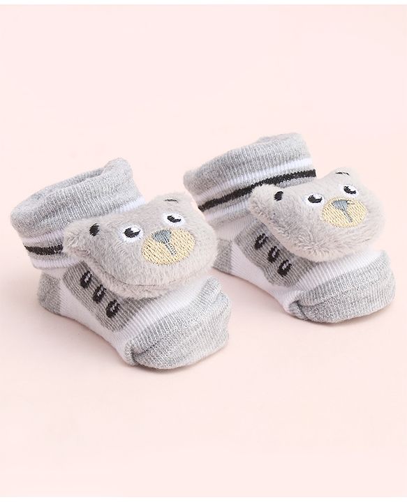 Cute Walk by Babyhug Socks With Large Bear Applique - Light Grey