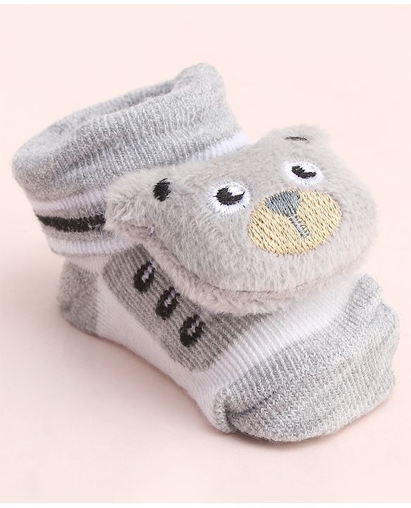 Cute Walk by Babyhug Socks With Large Bear Applique - Light Grey